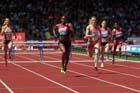 Perri Shakes-Drayton beats Eilidh Child in the 400 metres hurdles in the IAAF Diamond League, Birmingham.